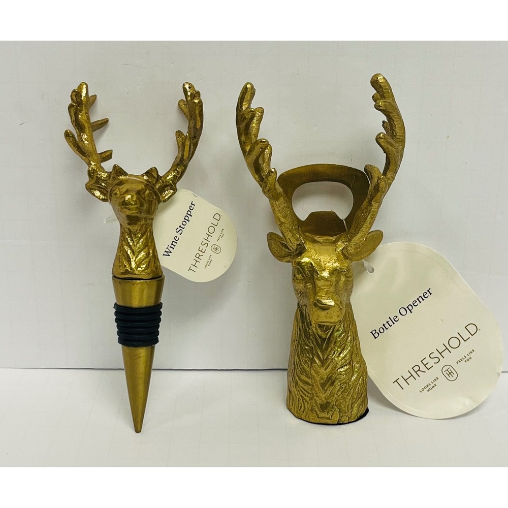 Threshold Gold Deer Stag Wine Stopper and Bottle Opener Set New 2 Piece Holiday